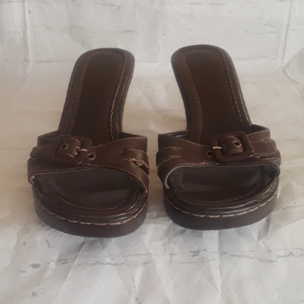 Soda Brown heeled front buckle sandals